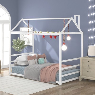 Twin Size Metal Platform Bed House Shape with Roof and Chimney Design-ModernLuxe