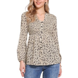 INSPIRE CHIC Women's V Neck Long Sleeves Ruffled Casual Smocked Tunic Tops - 1 of 4