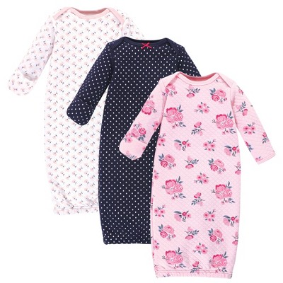 Image of Hudson Baby Infant Girl Quilted Cotton Long-Sleeve Gowns 3pk, Pink Navy Floral, 0-6 Months
