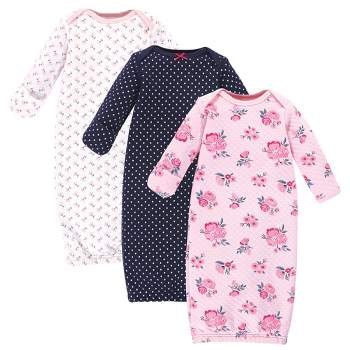 Hudson Baby Infant Girl Quilted Cotton Long-Sleeve Gowns 3pk, Pink Navy Floral, 0-6 Months