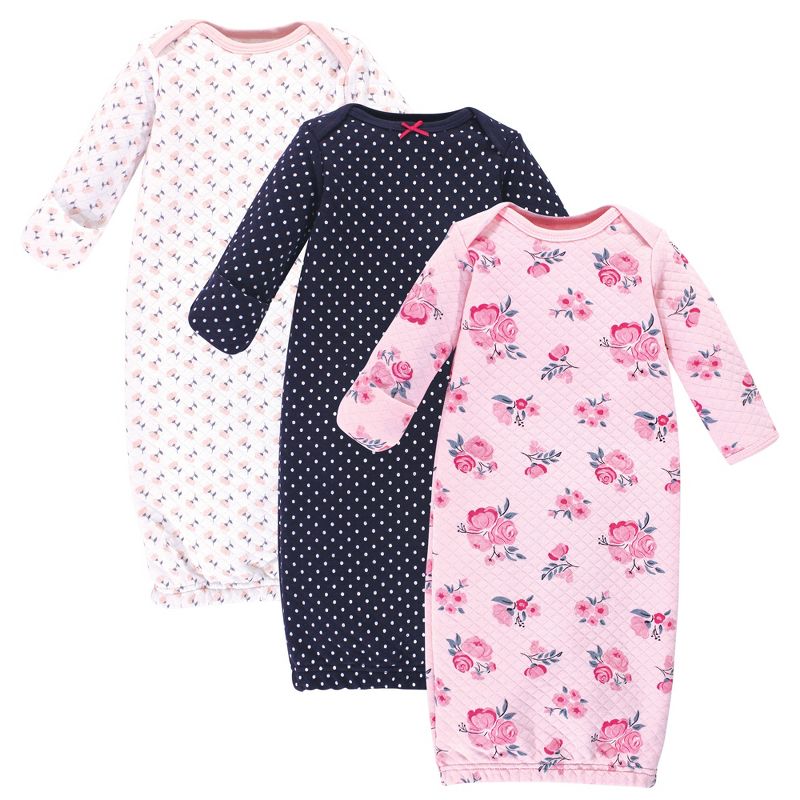 Hudson Baby Infant Girl Quilted Cotton Long-Sleeve Gowns 3pk, Pink Navy Floral, 0-6 Months, 1 of 4