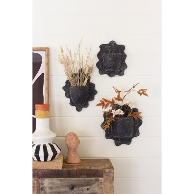 Handcrafted Wavy Clay Wall Planters 11"Tall – Black Set of 3 by Kalalou