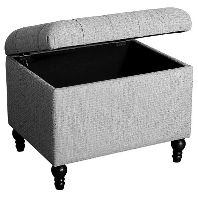 Medium Gray Tufted Storage Ottoman with Turned Wood Legs