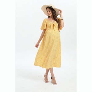 Women's Knotted V Neck Side Slit Knee Length Wrap Baby Shower Dress - 1 of 1