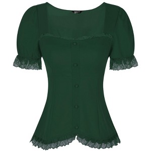 INSPIRE CHIC Women's Square Neck Solid Color Puff Short Sleeve Lace Up Gothic Blouse - 1 of 4