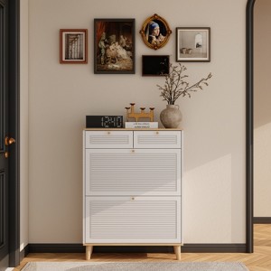 SKRAN Shoe cabinet with 2 flip-up doors and 2 drawers,narrow shoe rack cabinet,freestanding shoe organizer for entryway,with natural wood legs - 1 of 4