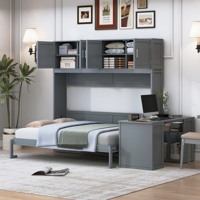 Queen Size Wall Murphy Bed Multifunctional Foldable Platform Bedframe with Desk, Storage Shelves and Big Cabinets, White/Gray-ModernLuxe