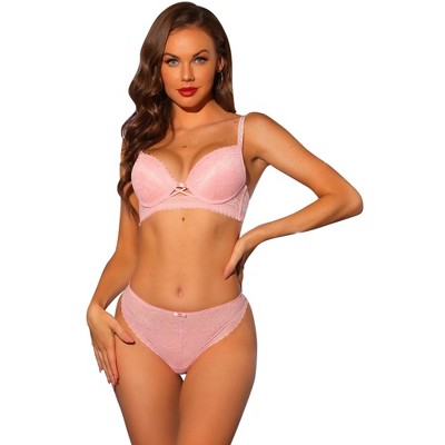 Allegra K Women's Lace Padded Full Coverage Underwire Bra And Panty Set Pink  40b : Target