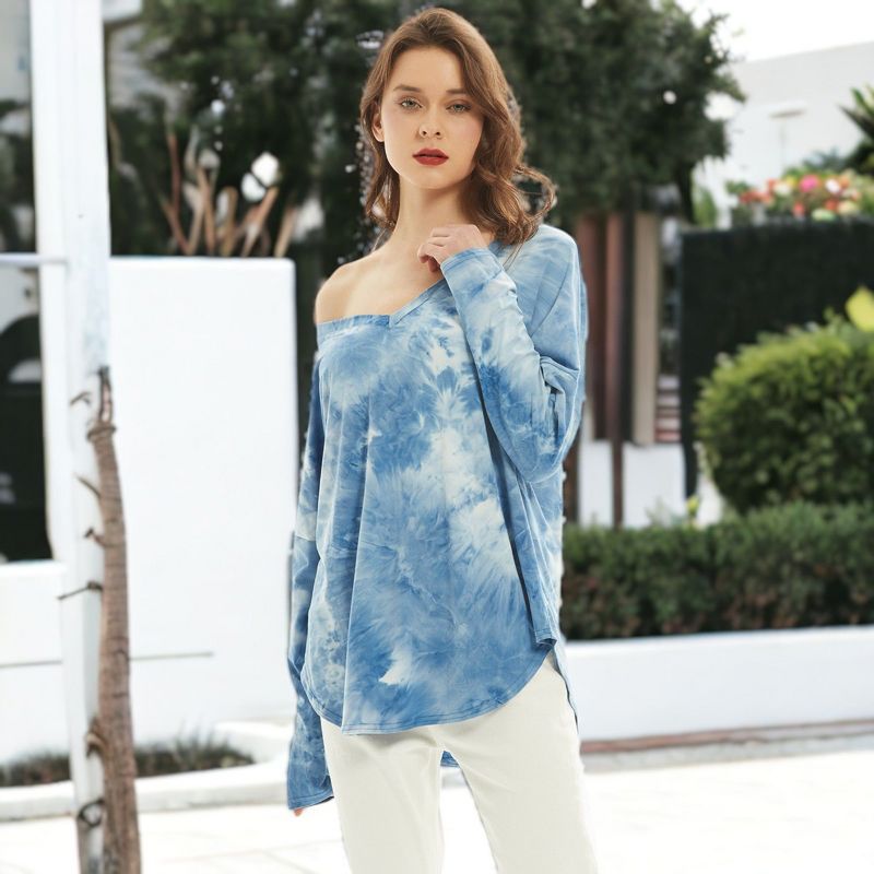 Anna-Kaci Women's Long Sleeve T Shirt V Neck Casual Basic Tee Tie Dye Tops- Medium ,Blue, 2 of 7