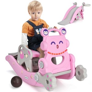 Costway 4-in-1 Rocking Horse & Slide Set Toddler Slide Toy with Basketball Hoop Blue/Pink - 1 of 4