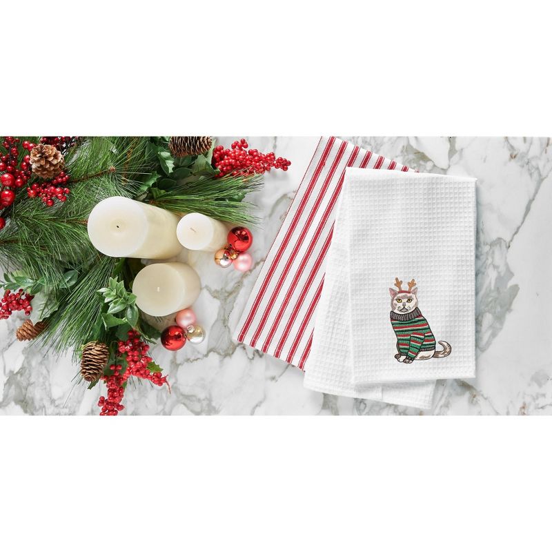 C&F Home 27" x 18" Cat Wearing Christmas Sweater and Reindeer Ears Embroidered & Waffle Weave Cotton Kitchen Dish Towel, 2 of 4