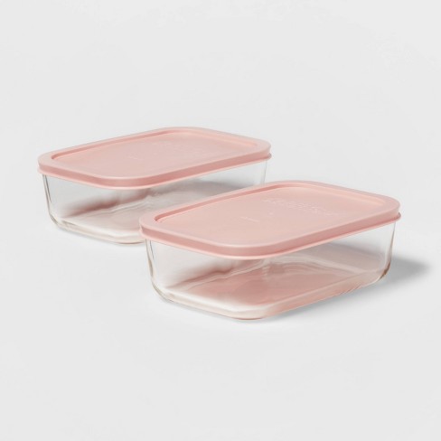 Glass Food Storage Container w/ Pink Lid, OK for Baking,Rectangular, 1 Qt