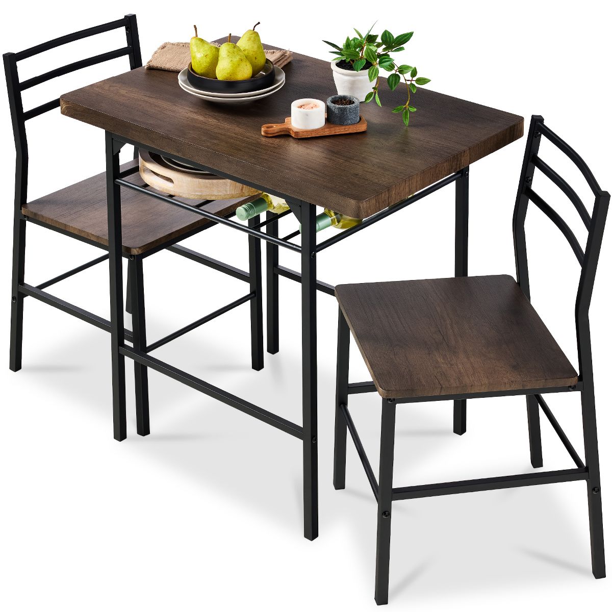 Best Choice Products 3-Piece Modern Dining Set, Square Table & Chairs Set w/ Steel Frame, Storage Rack - Medium Brown/Black