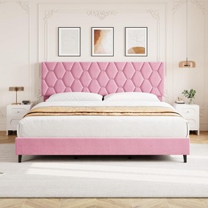 Twin/Full/Queen/King Size Bed Frame with Upholstered Headboard, Wood Slat Platform, No Box Spring Needed, Noise-Free, Easy Assembly, Pink - 1 of 4