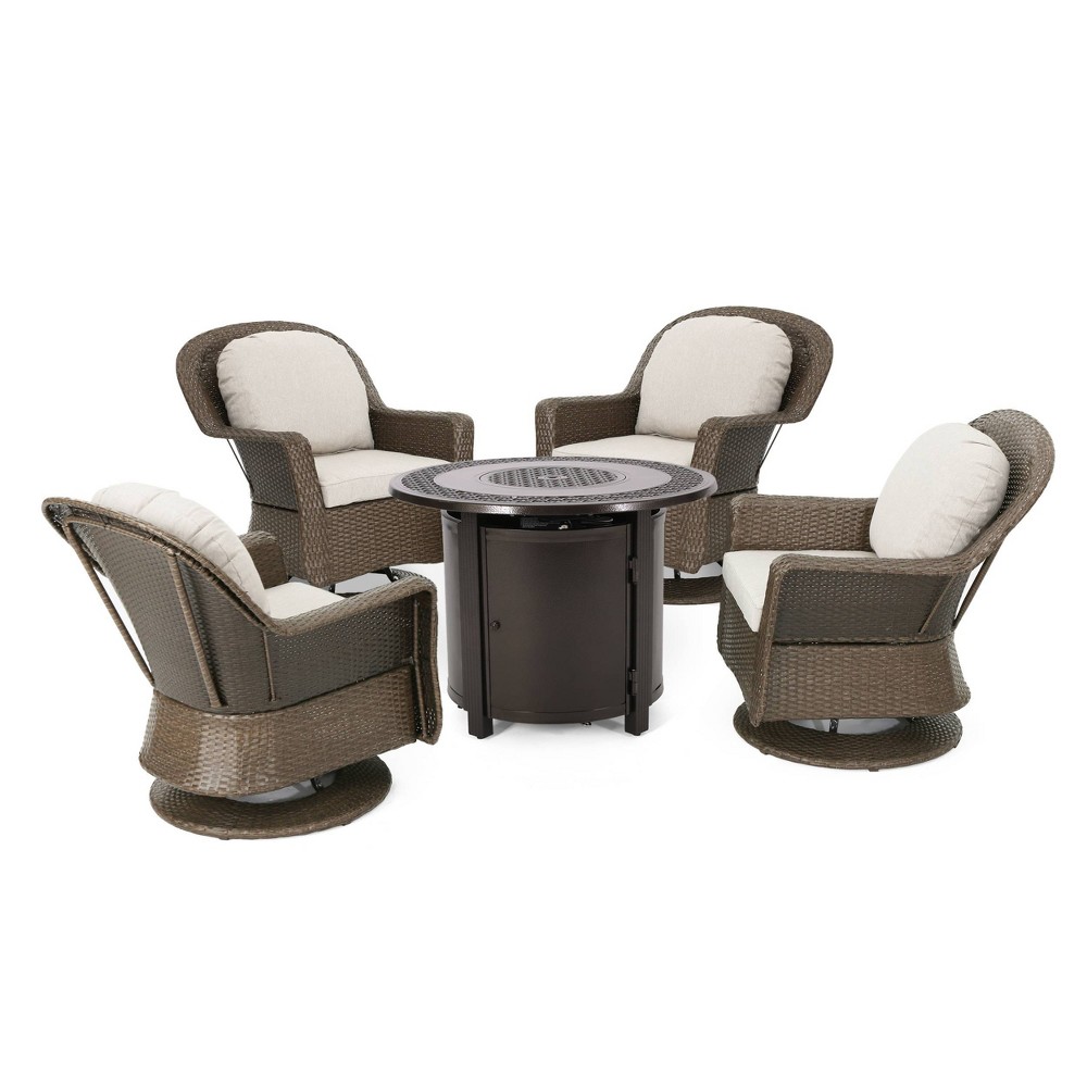 Liam 5pc Outdoor Set with 4 Wicker Swivel Chairs & Fire Pit Brown