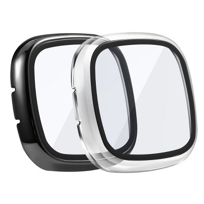 Insten 2-Pack Case For Fitbit Versa 3 and Fitbit Sense, Built in Tempered Glass Screen Protector Plating Hard Cover (Clear + Black)
