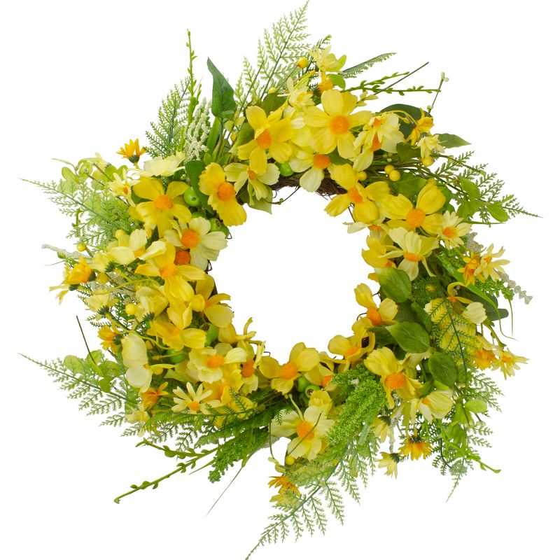 Northlight Daisy and Berry Floral Spring Wreath, Yellow and Green 23", 1 of 5