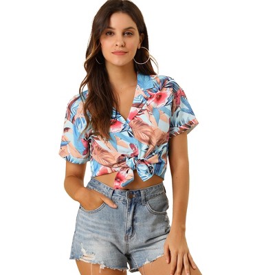 Allegra K Women's Hawaiian Floral Leaves Printed Short Sleeve Button Down Vintage Shirt
