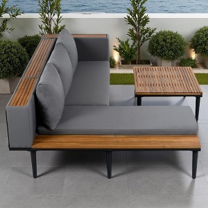 89.4" Outdoor Patio L-Shaped Acacia Wood Sectional Sofa Set with Coffee Table and Side Table - 1 of 4