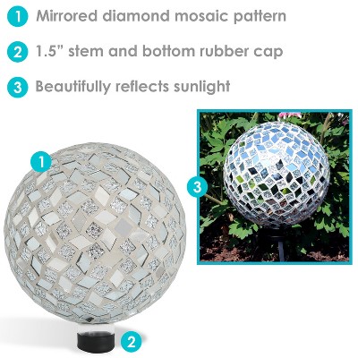 Silver Mirrored Diamond Mosaic Glass Garden Gazing Globe, 10-inch