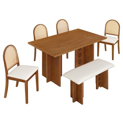 Brown Solid Wood Dining Set with Rattan Chairs and Bench