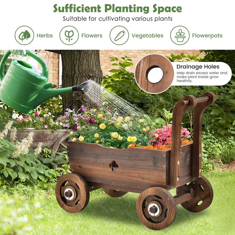 Decorative Wagon Cart Plant Flower Pot Stand Wooden Raised Garden Planter Box, 5 of 11
