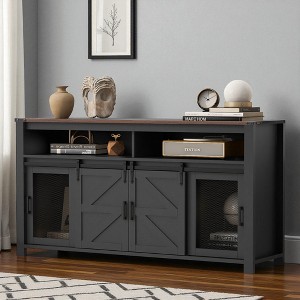 Mshliw 59.3" Farmhouse Sideboard with Sliding Barn Door & Mesh Panels, Buffet Storage Cabinet with Open Shelves for Living Room and Kitchen - 1 of 4