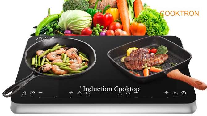 COOKTRON Portable Double Burner Quick-Heat Electric Induction Cooktop w/Booster Mode, Timer, 10 Temperature Levels, 9 Power Levels & Child Safety Lock, 2 of 8, play video