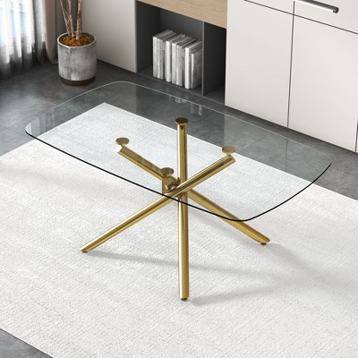 NicBex Dining Table 71" Modern Minimalist Rectangular Glass Tabletop with Chrome Metal Legs for Dining Room