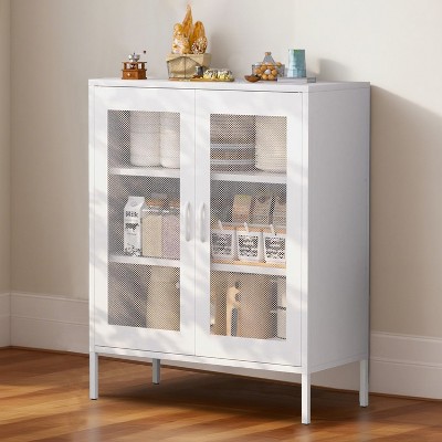HDZNVF Metal Storage Office Cabinet with Mesh Doors, Steel Display Cabinet with Adjustable Shelves, White