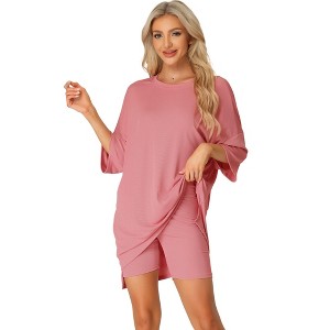 cheibear Women's Knit Loose Fit T-Shirt with Biker Shorts Lounge Sleepwear Pajama Sets - 1 of 4