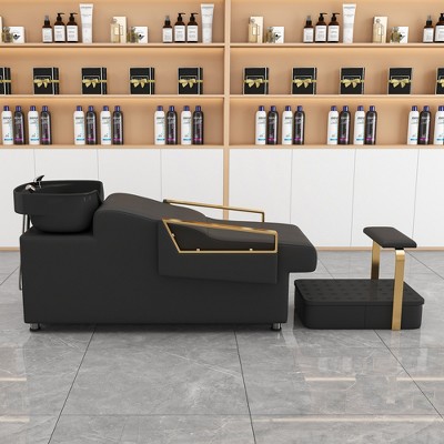 KWPZQEB Shampoo Bowl and Chair Set for Salon, Shampoo Barber Backwash Chair, ABS Shampoo Bowl Sink Chair with Footrest for Spa Beauty Salon, Black