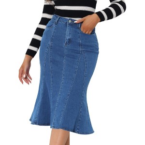 INSPIRE CHIC Women's High Waist Fishtail Ruffle Denim Jean Skirt - 1 of 4