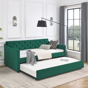 Twin Size Daybed, Upholstered Platform Bed Frame, Linen Tufted Sofa Bed with Twin Size Trundle Bed, Waved Shape Arms -Frevyn - 1 of 4