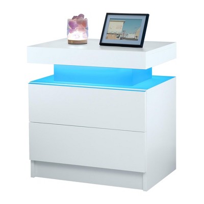 JVNOXK Nightstand LED Bedside Table Cabinet Lights Modern End Side with 2 Drawers for Bedroom (White)