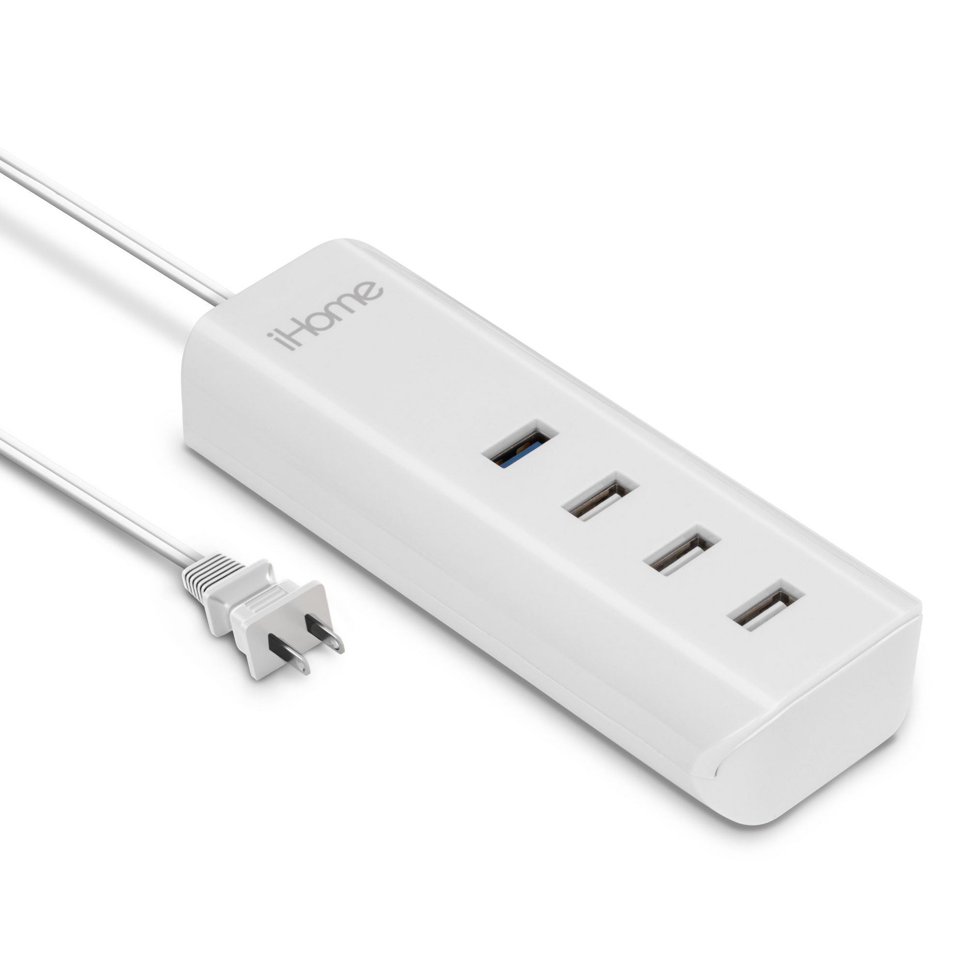 iHome USB Charging Hub, 4 USB-A Ports, Rapid Charging, AC Powered, Charges 4 Devices, Compact, Universal Compatibility, White