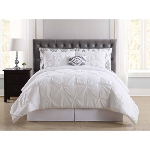 Truly Soft Everyday Queen Pueblo Pleated Bed in a Bag Set White: 6-Piece Geometric Microfiber Bedding, Midweight, 180 Thread Count