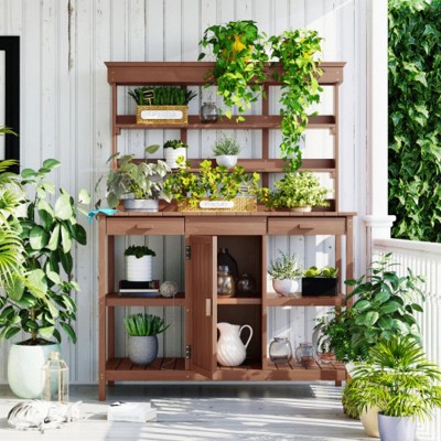 66" Backyard Potting Bench: Farmhouse Style, Drawers, Cabinet, Open Shelving
