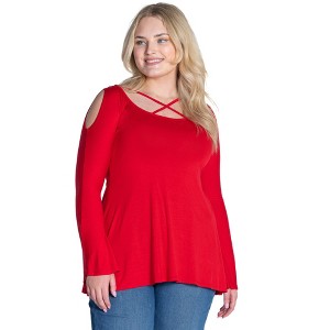 24seven Comfort Apparel Womens Long Sleeve Plus Size Criss Cross Cold Shoulder Top - 1 of 4