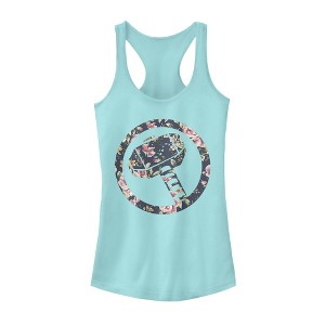 Juniors Womens Marvel Hammer Thor Floral Print Racerback Tank Top - 1 of 3