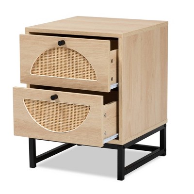 Ardon Bohemian Light Brown Wood and Metal 2 Drawer Nightstand with Rattan