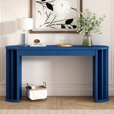 59" MDF Oak Veneer Console Table,Side Table with Curved Fan-Shaped Legs and 2 Drawers,Modern Oval Entryway Storage Console Table-Coolbibila