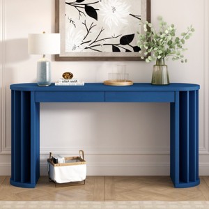 59" MDF Oak Veneer Console Table,Side Table with Curved Fan-Shaped Legs and 2 Drawers,Modern Oval Entryway Storage Console Table-Coolbibila - 1 of 4