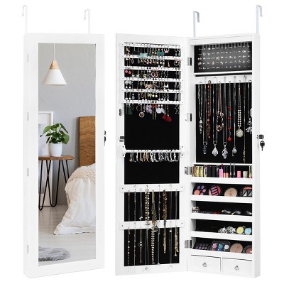 Costway Wall Door Mounted Mirror Jewelry Cabinet Organizer w/LED Light