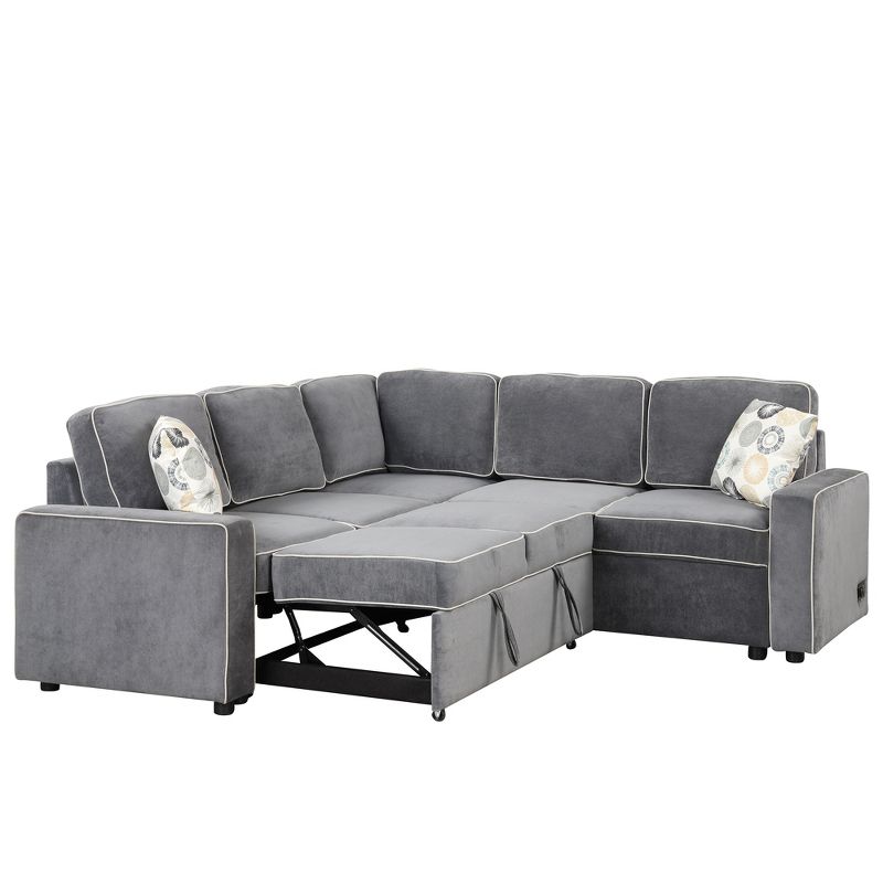 83" L-Shaped Modern Convertible Pullout Sofa Bed with 2 USB Ports, 2 Power Outlets, and 2 Pillows - ModernLuxe, 5 of 15