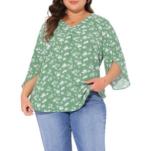 Agnes Orinda Women's Plus Size Floral V Neck 3/4 Sleeve Chiffon Work Tunic Blouse - 1 of 4