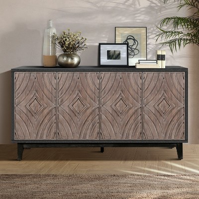 VYNXARIA Mid-Century Sideboard Buffet Cabinet £¬60" Kitchen Storage Solution with Solid Wood Legs, Featuring Brown Doors and a Sleek Black Frame