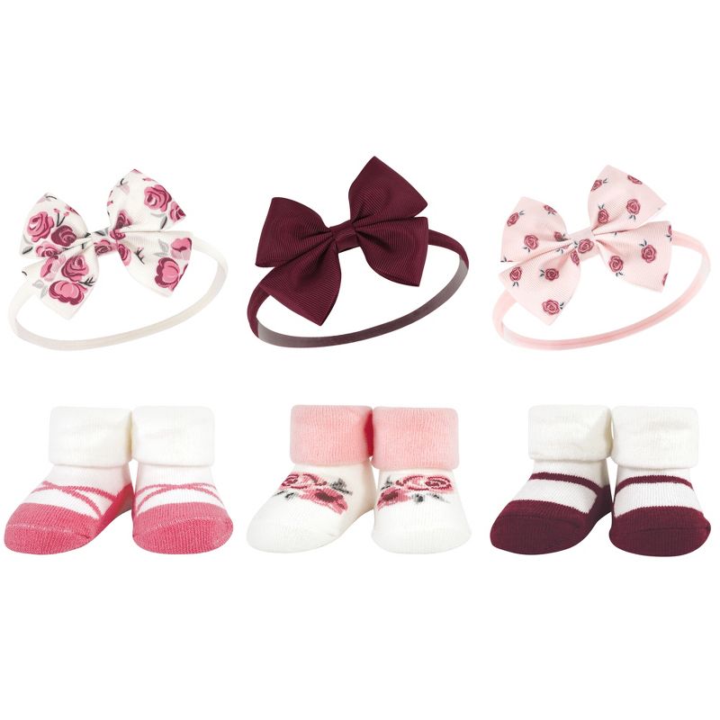 Hudson Baby Infant Girl 12Pc Headband and Socks Giftset, Rose Pink Burgundy, One Size, 2 of 4