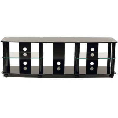 TransDeco 70Inch gloss black tempered glass TV stand with high gloss black finish metal poles