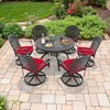 7-Piece Round Cast Aluminum Outdoor Patio Dining Set with Swivel Chairs & Red Cushions & Umbrella Hole - 2 of 4